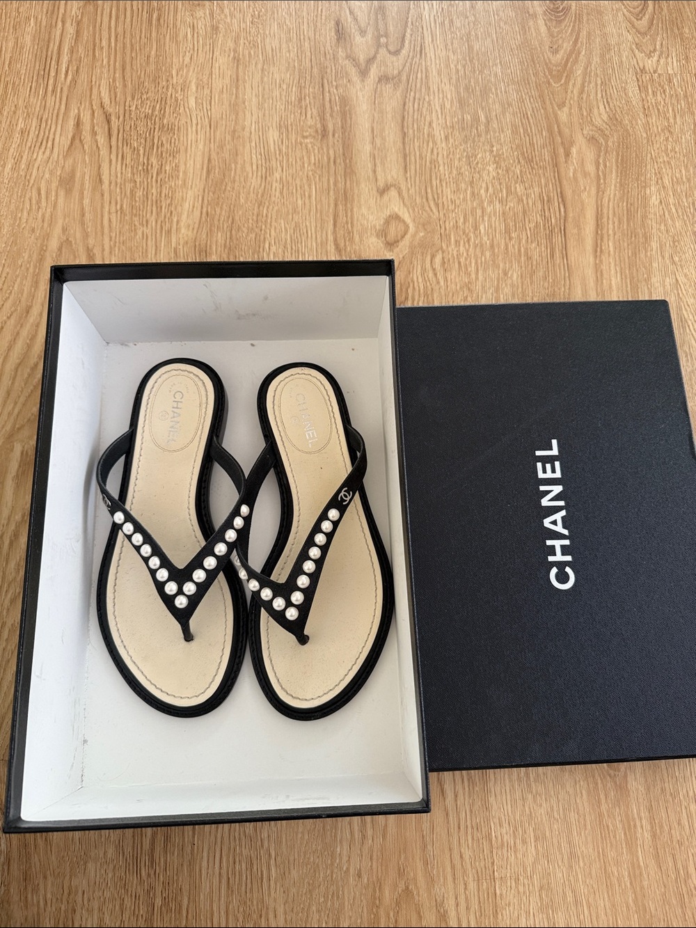 CHANEL Black Pearl-Accented Toe-Post Sandals